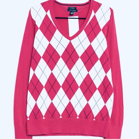 Tommy Hilfiger V-Neck Pink Argyle Ivy Sweater - Picture 2 of 5